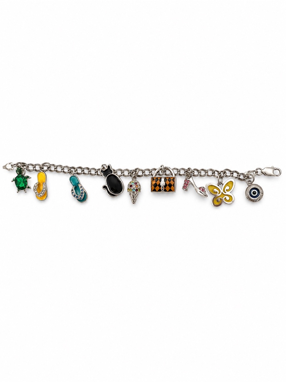 Vintage Italian Sterling Silver Charm Bracelet | 925 Enamel & Crystal Charms